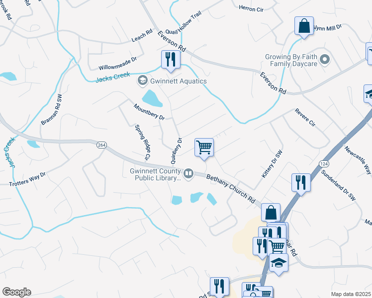 map of restaurants, bars, coffee shops, grocery stores, and more near 3857 Trenton Drive in Snellville
