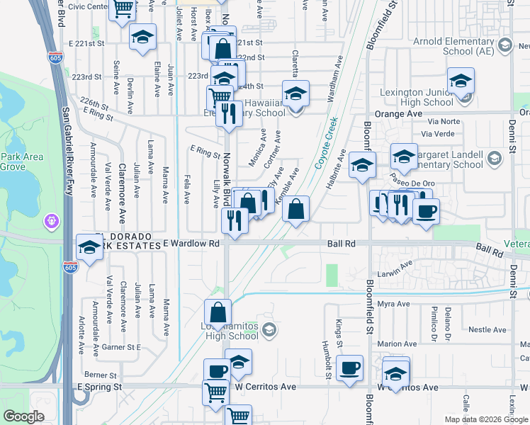 map of restaurants, bars, coffee shops, grocery stores, and more near 8170 East Timor Street in Long Beach