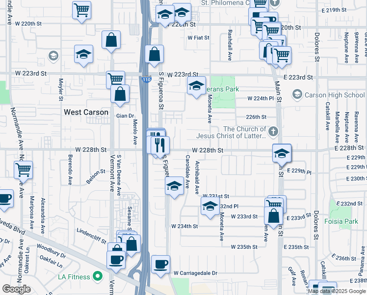 map of restaurants, bars, coffee shops, grocery stores, and more near 22758 Jody Lane in Carson