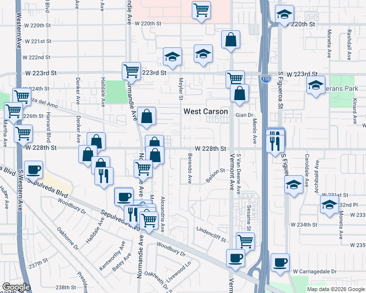map of restaurants, bars, coffee shops, grocery stores, and more near 1073 West 228th Street in Torrance
