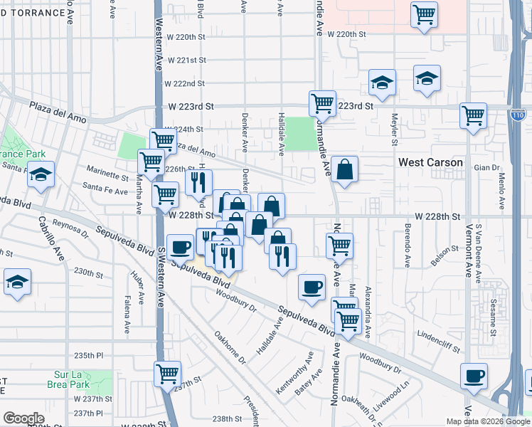 map of restaurants, bars, coffee shops, grocery stores, and more near 1427 West 228th Street in Torrance