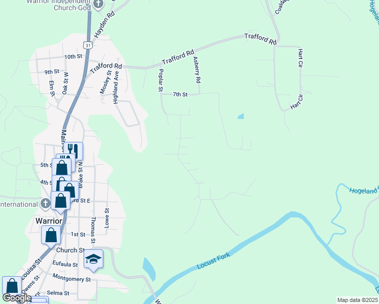map of restaurants, bars, coffee shops, grocery stores, and more near 411 Maple Avenue in Warrior