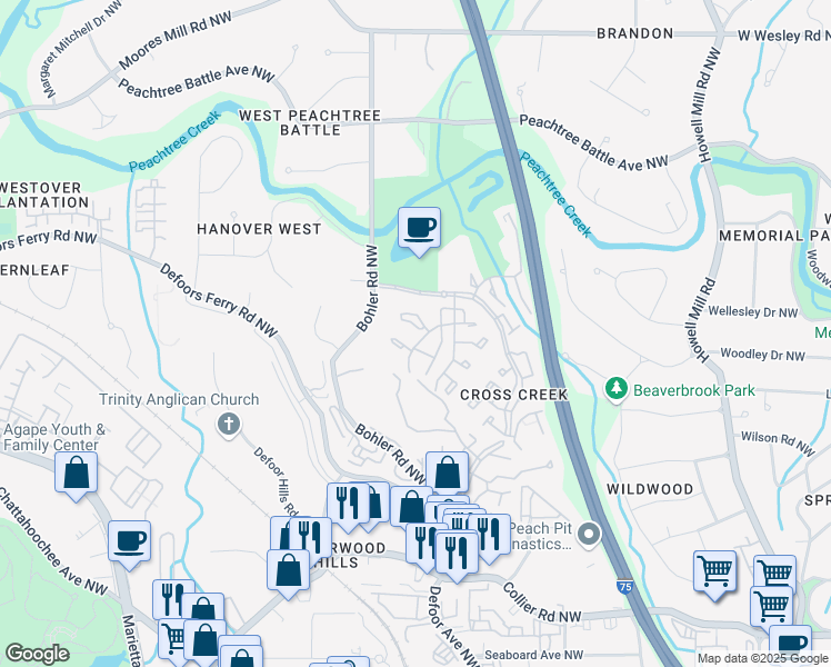 map of restaurants, bars, coffee shops, grocery stores, and more near 155 Amherst Place Northwest in Atlanta