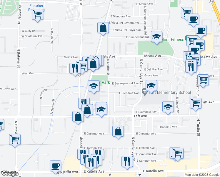 map of restaurants, bars, coffee shops, grocery stores, and more near 1883 North Shaffer Street in Orange