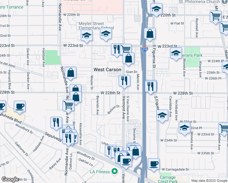 map of restaurants, bars, coffee shops, grocery stores, and more near 935 West 228th Street in Torrance