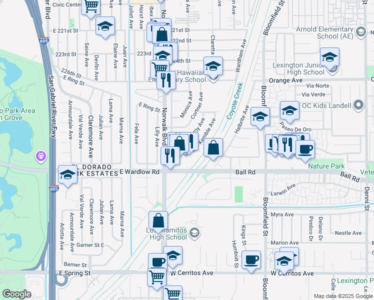 map of restaurants, bars, coffee shops, grocery stores, and more near 8150 East Timor Street in Long Beach