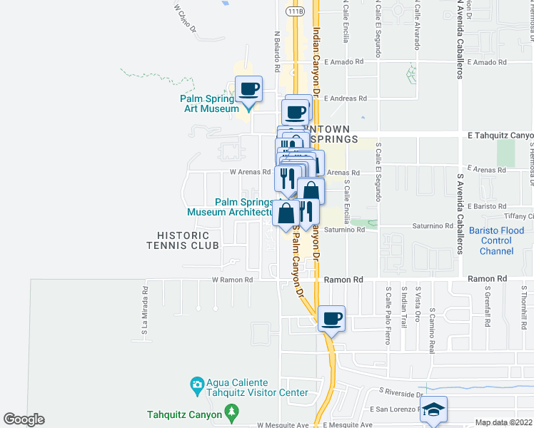 map of restaurants, bars, coffee shops, grocery stores, and more near 314 South Cahuilla Road in Palm Springs