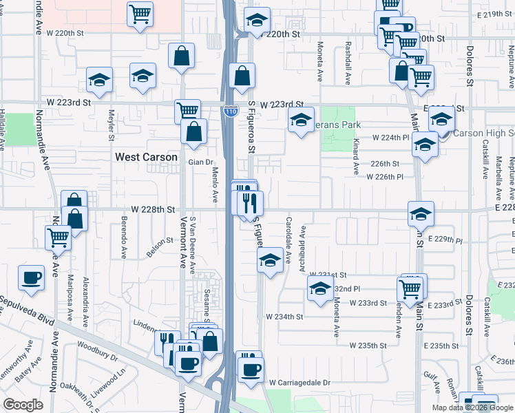 map of restaurants, bars, coffee shops, grocery stores, and more near 22718 South Figueroa Street in Carson