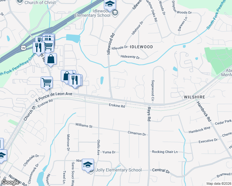 map of restaurants, bars, coffee shops, grocery stores, and more near 1257 Idlewood Rd in Tucker