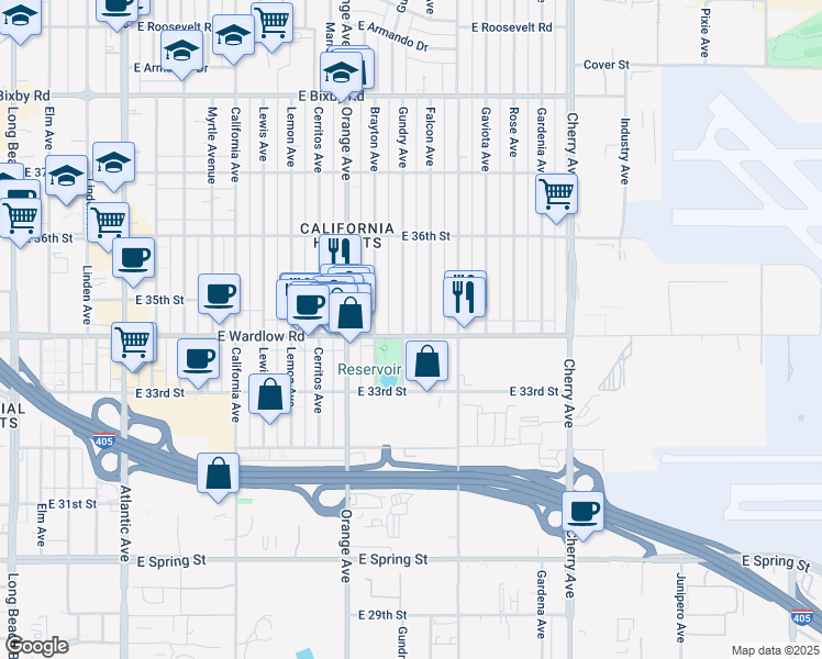 map of restaurants, bars, coffee shops, grocery stores, and more near 3402 Gundry Avenue in Long Beach