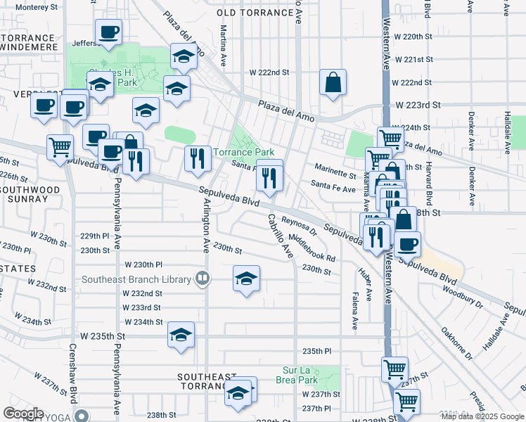 map of restaurants, bars, coffee shops, grocery stores, and more near 2011 Reynosa Drive in Torrance