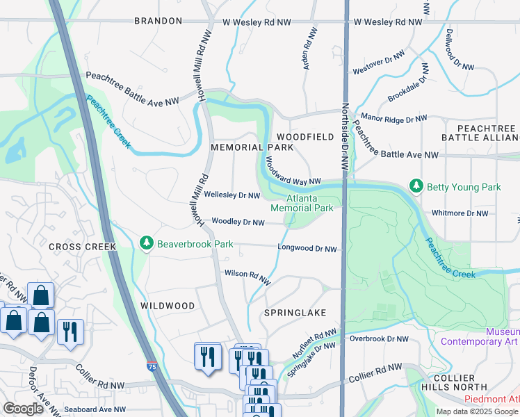 map of restaurants, bars, coffee shops, grocery stores, and more near 770 Wellesley Drive Northwest in Atlanta