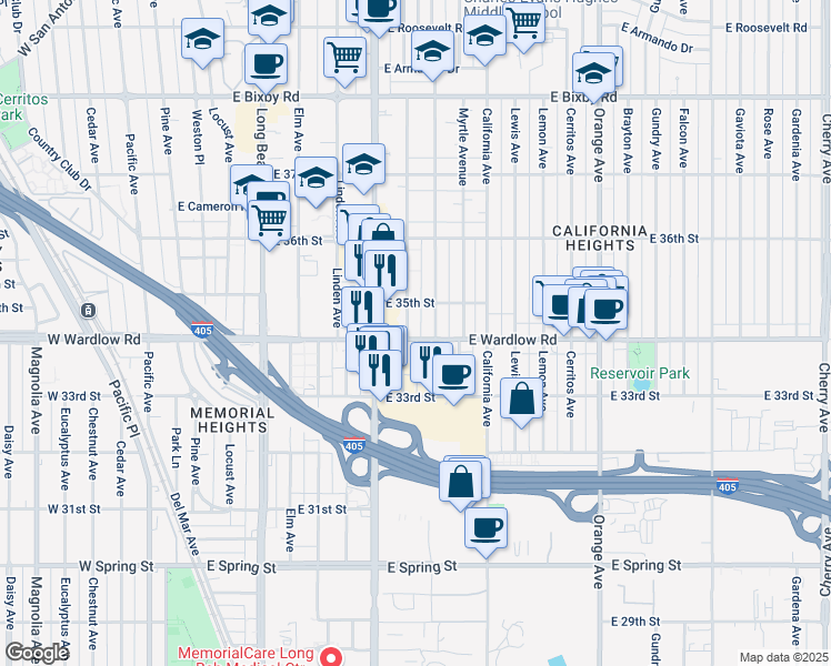 map of restaurants, bars, coffee shops, grocery stores, and more near 719 East Wardlow Road in Long Beach