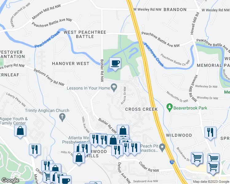 map of restaurants, bars, coffee shops, grocery stores, and more near 155 Amherst Place Northwest in Atlanta