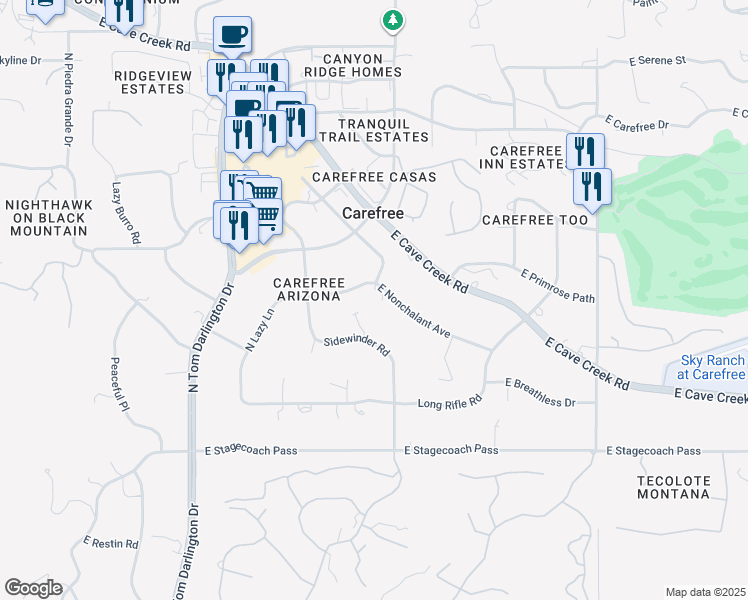 map of restaurants, bars, coffee shops, grocery stores, and more near 7601 East Nonchalant Avenue in Carefree