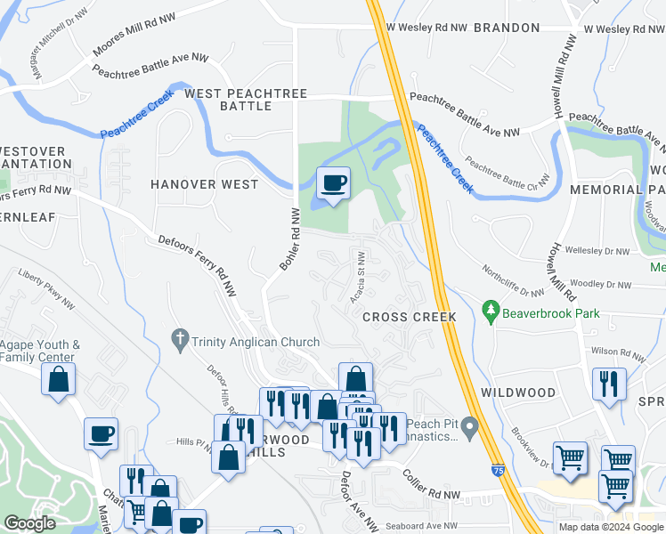 map of restaurants, bars, coffee shops, grocery stores, and more near 155 Amherst Place Northwest in Atlanta