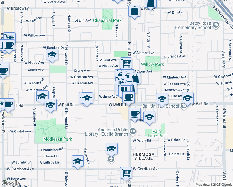 map of restaurants, bars, coffee shops, grocery stores, and more near 1749 West Juno Avenue in Anaheim