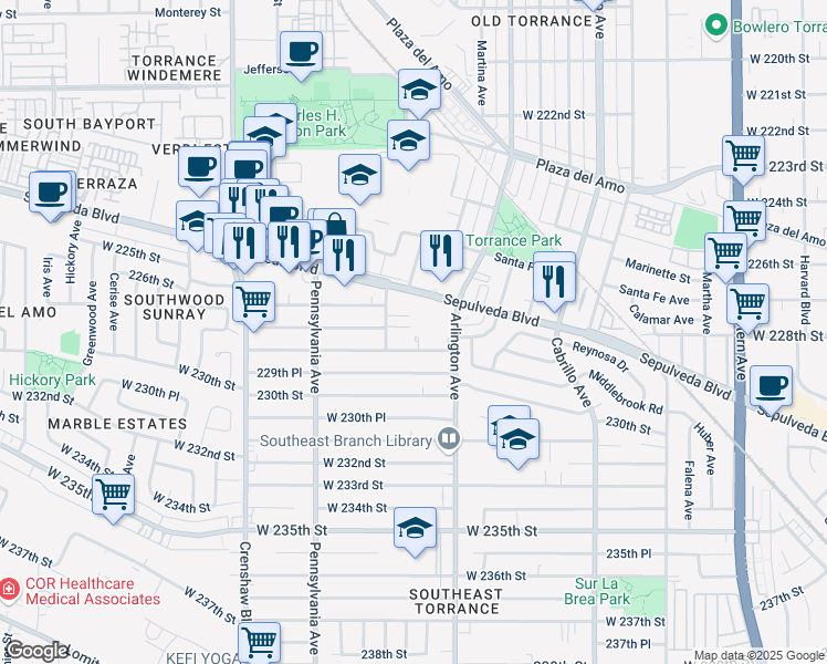 map of restaurants, bars, coffee shops, grocery stores, and more near 22803 Peppertree Place in Torrance