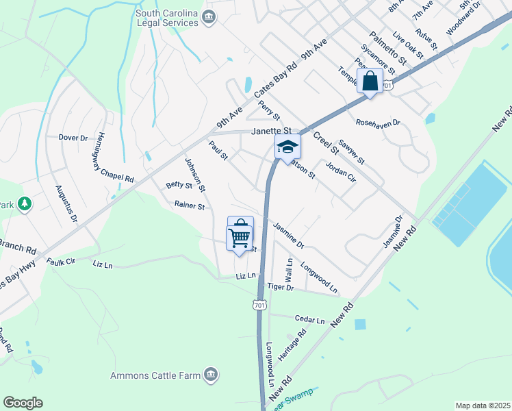map of restaurants, bars, coffee shops, grocery stores, and more near 404 South Oaks Street in Conway