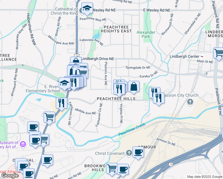map of restaurants, bars, coffee shops, grocery stores, and more near 3443 Kings Circle Northeast in Atlanta