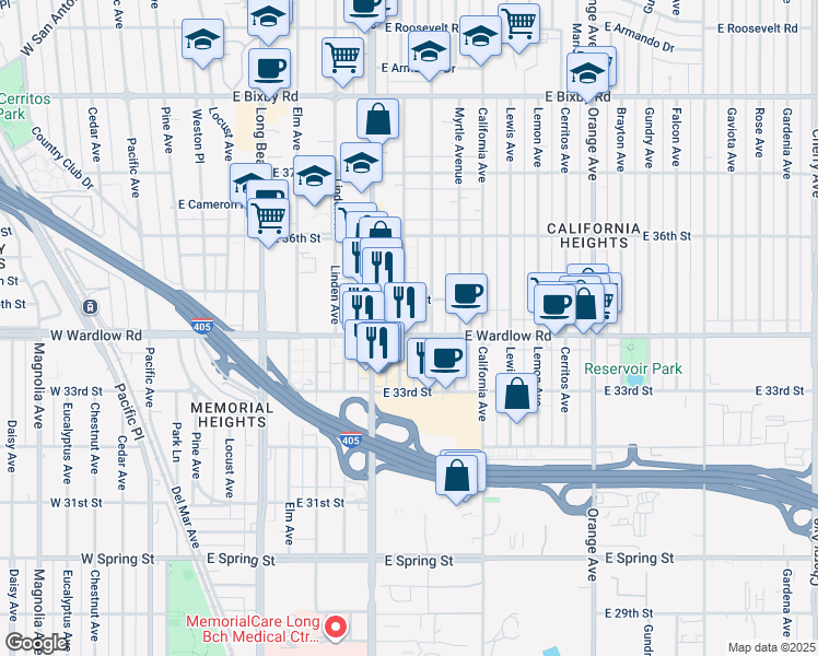 map of restaurants, bars, coffee shops, grocery stores, and more near 719 East Wardlow Road in Long Beach