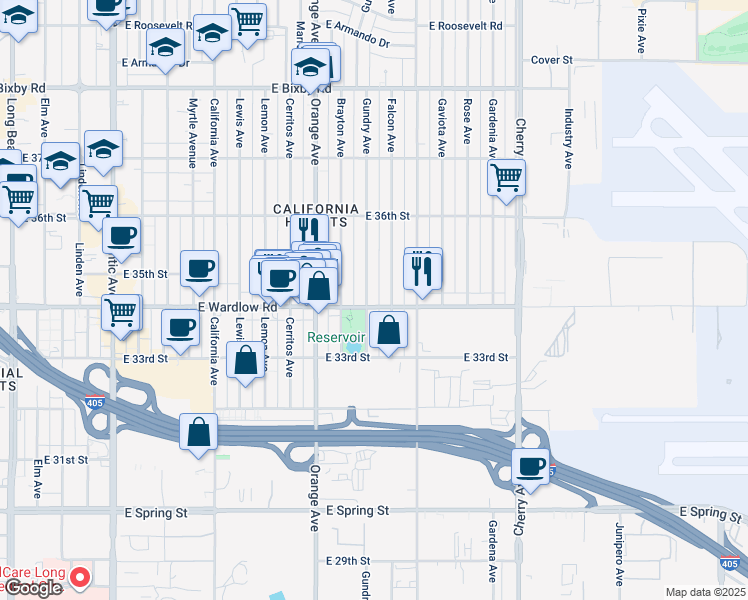 map of restaurants, bars, coffee shops, grocery stores, and more near 3402 Gundry Avenue in Long Beach