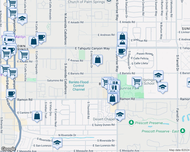 map of restaurants, bars, coffee shops, grocery stores, and more near 1326 Tiffany Circle South in Palm Springs