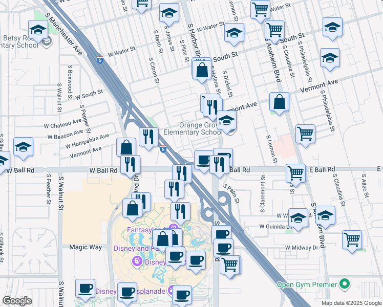 map of restaurants, bars, coffee shops, grocery stores, and more near 1028 South Citron Street in Anaheim