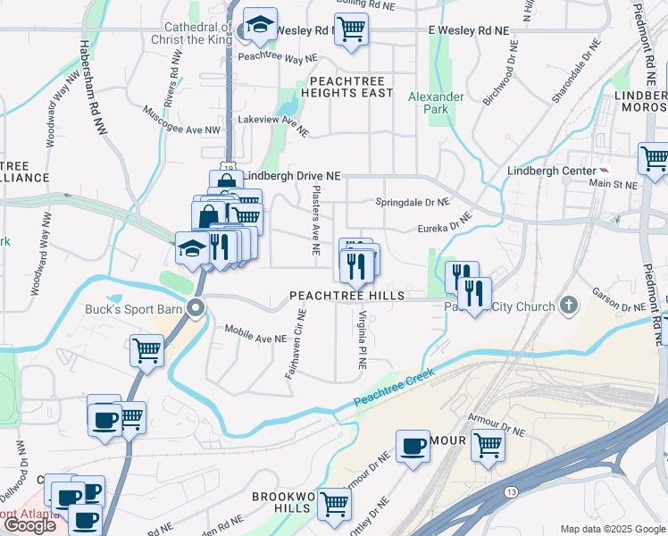 map of restaurants, bars, coffee shops, grocery stores, and more near 3443 Kingsboro Road Northeast in Atlanta