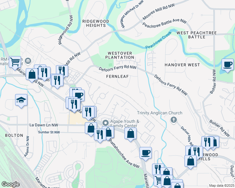 map of restaurants, bars, coffee shops, grocery stores, and more near 1229 Liberty Parkway Northwest in Atlanta