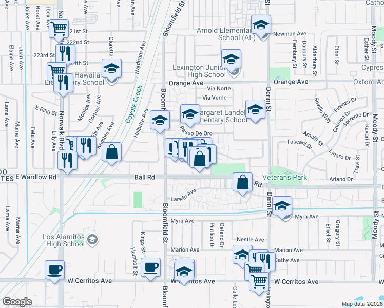 map of restaurants, bars, coffee shops, grocery stores, and more near 9841 Via Sonoma in Cypress