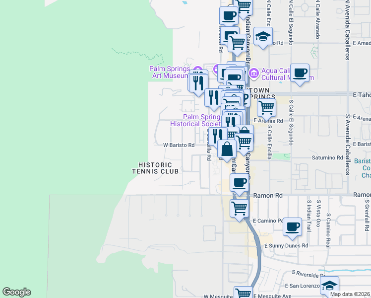 map of restaurants, bars, coffee shops, grocery stores, and more near 300 South Patencio Road in Palm Springs