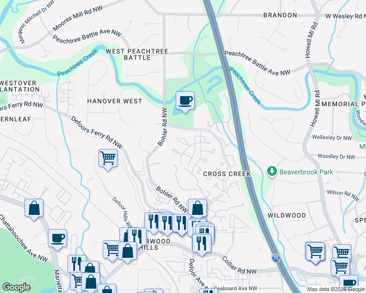 map of restaurants, bars, coffee shops, grocery stores, and more near 64 Montre Square Northwest in Atlanta