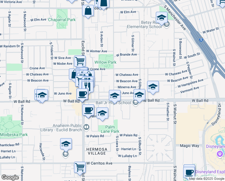 map of restaurants, bars, coffee shops, grocery stores, and more near 925 South Loara Street in Anaheim