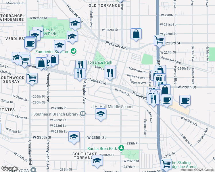 map of restaurants, bars, coffee shops, grocery stores, and more near 2011 Reynosa Drive in Torrance