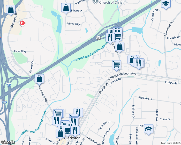map of restaurants, bars, coffee shops, grocery stores, and more near 1204 Brockett Road in Clarkston
