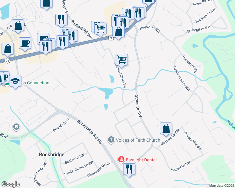 map of restaurants, bars, coffee shops, grocery stores, and more near 2379 Cannon Hill Road Southwest in Lilburn
