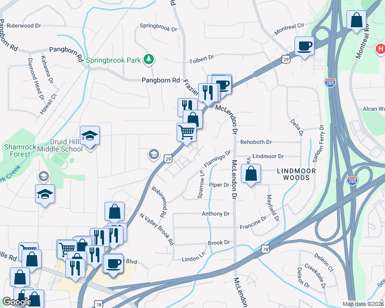 map of restaurants, bars, coffee shops, grocery stores, and more near 2501 Lawrenceville Highway in Decatur