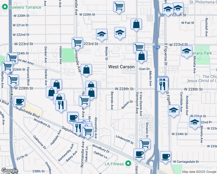 map of restaurants, bars, coffee shops, grocery stores, and more near 1065 West 228th Street in Torrance
