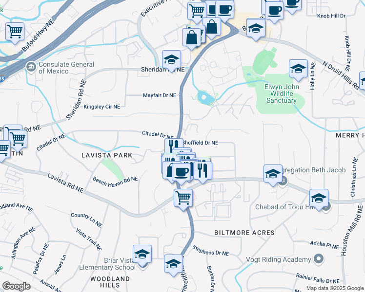 map of restaurants, bars, coffee shops, grocery stores, and more near 1341 Sheffield Drive Northeast in Atlanta