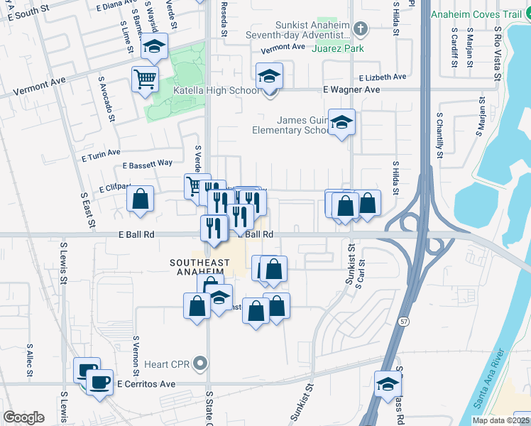 map of restaurants, bars, coffee shops, grocery stores, and more near 2126 East Almont Avenue in Anaheim