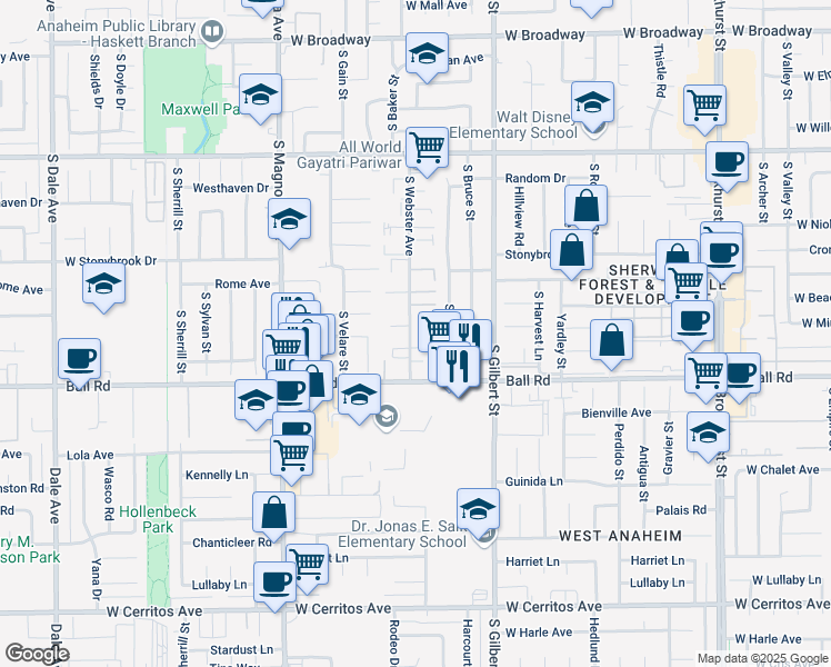 map of restaurants, bars, coffee shops, grocery stores, and more near 918 South Webster Avenue in Anaheim
