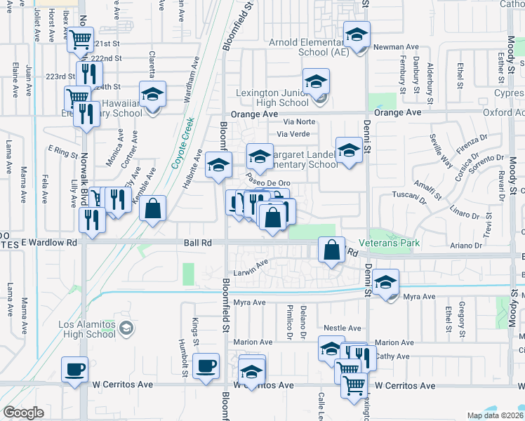 map of restaurants, bars, coffee shops, grocery stores, and more near 9841 Via Sonoma in Cypress