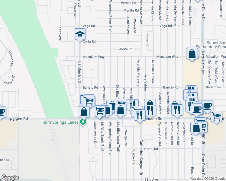 map of restaurants, bars, coffee shops, grocery stores, and more near 31575 Sky Blue Water Trail in Cathedral City