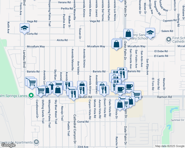 map of restaurants, bars, coffee shops, grocery stores, and more near 31575 Avenida Alvera in Cathedral City