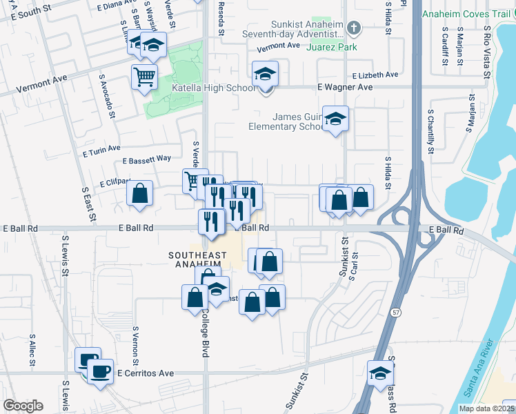 map of restaurants, bars, coffee shops, grocery stores, and more near 2126 East Almont Avenue in Anaheim