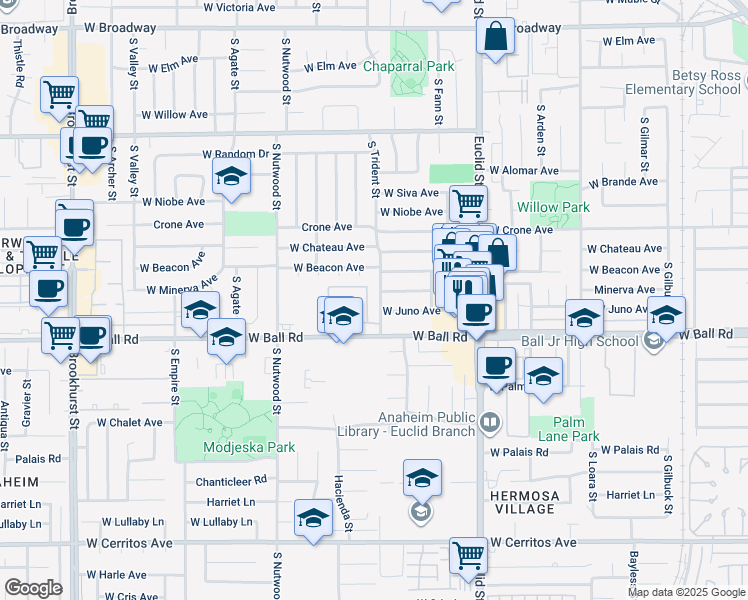 map of restaurants, bars, coffee shops, grocery stores, and more near 916 South Park Circle in Anaheim