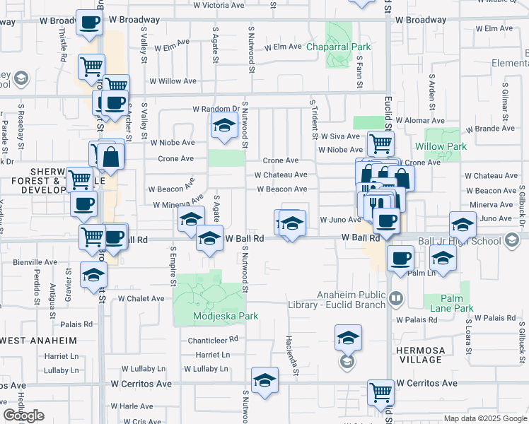 map of restaurants, bars, coffee shops, grocery stores, and more near 920 South Nutwood Street in Anaheim