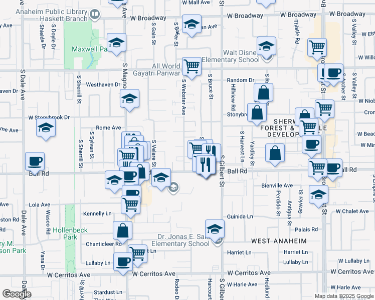 map of restaurants, bars, coffee shops, grocery stores, and more near 918 South Webster Avenue in Anaheim