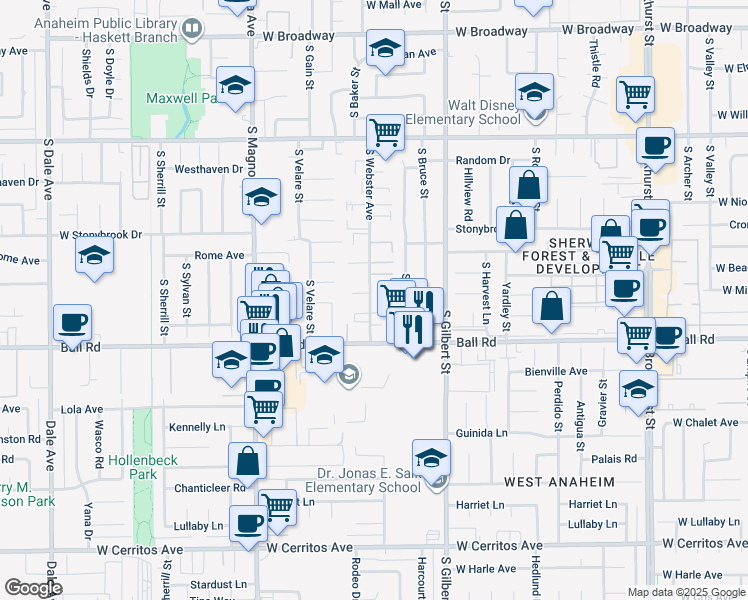 map of restaurants, bars, coffee shops, grocery stores, and more near 918 South Webster Avenue in Anaheim